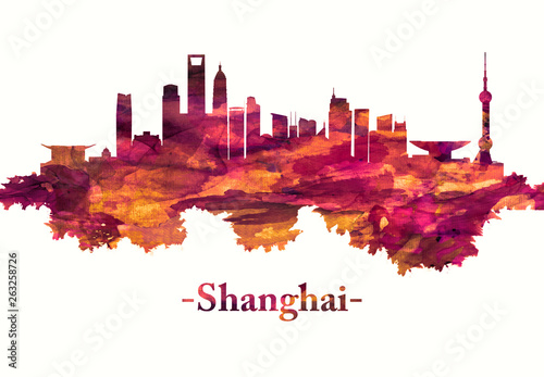 Shanghai China skyline in red