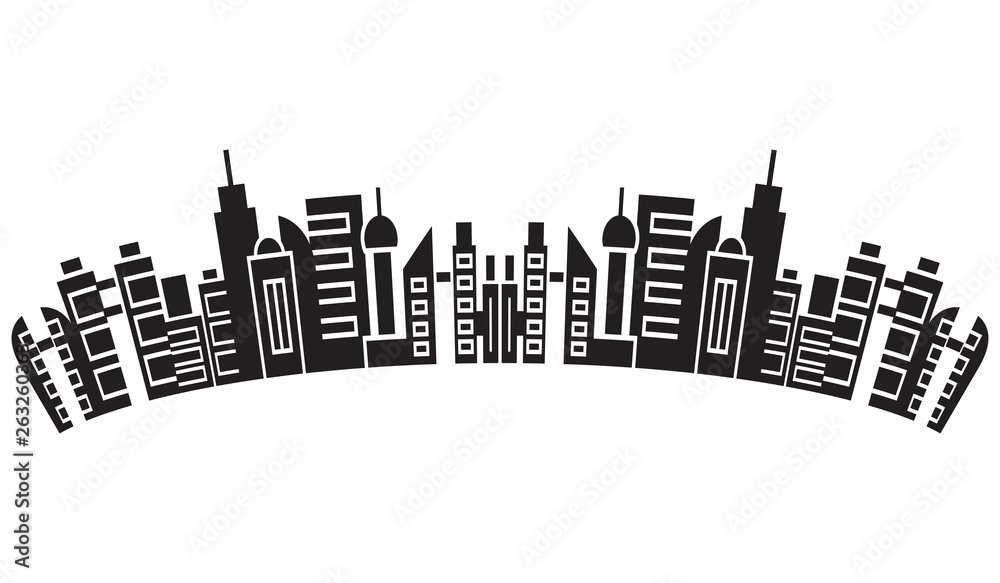 city skyline, silhouette collection of building curve shape on white background
