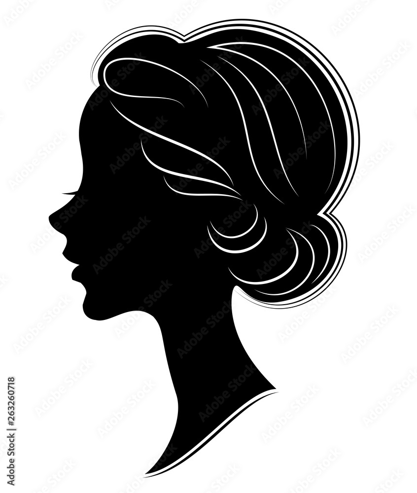 Silhouette of a head of a sweet lady. The girl shows a Greek hairstyle for long and medium hair. The woman is beautiful and stylish. Vector illustration.