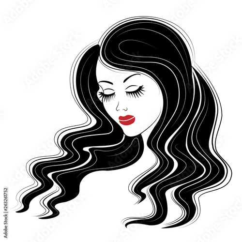 Silhouette of a head of a sweet lady. The girl shows her hairstyle on long and medium hair. The woman is beautiful and stylish. Vector illustration.