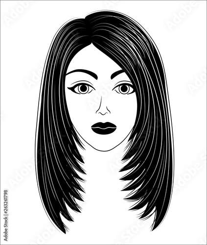 Silhouette of a head of a sweet lady. The girl shows her hairstyle on long and medium hair. The woman is beautiful and stylish. Vector illustration.