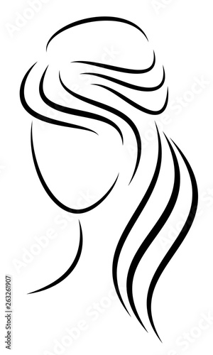 Silhouette of a head of a sweet lady. The girl shows her hairstyle on long and medium hair. The woman is beautiful and stylish. Vector illustration.