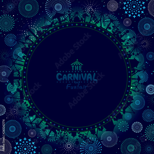 Vector illustration of the carnival funfair design with fireworks background.