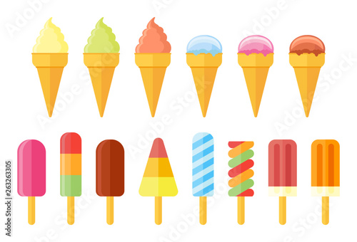 Collection of ice cream. Set of cones, ice lolly, popsicles isolated on white background. Flat style icons.