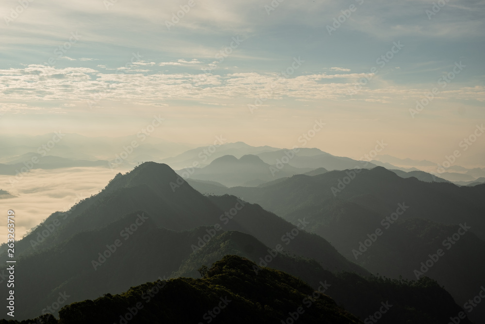 scenic mountain lined with alternates. The morning sun shines and fog covered the mountain. Doi KALHEPU, Mae Moei, Tak in Thailand