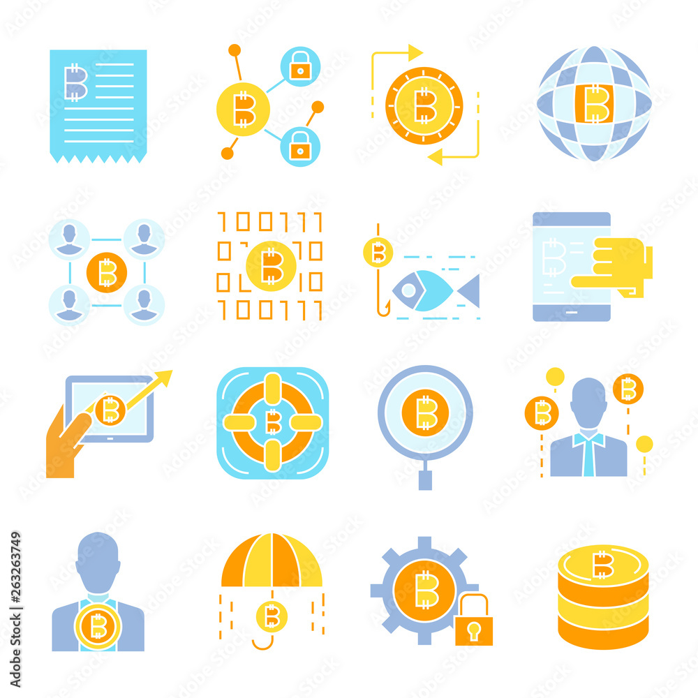 bitcoin and cryptocurrency technology concept icons set