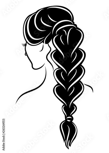 Silhouette profile of a cute lady's head. The girl shows the female hairstyle braid on medium and long hair. Suitable for advertising, logo. Vector illustration.