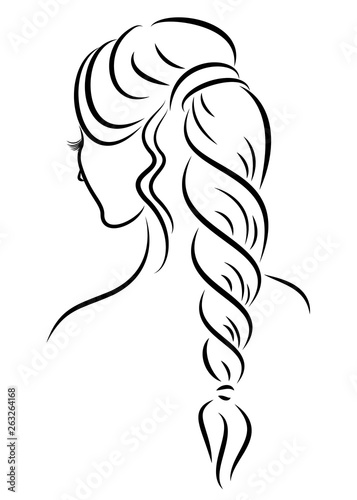 Silhouette profile of a cute lady's head. The girl shows the female hairstyle braid on medium and long hair. Suitable for advertising, logo. Vector illustration.