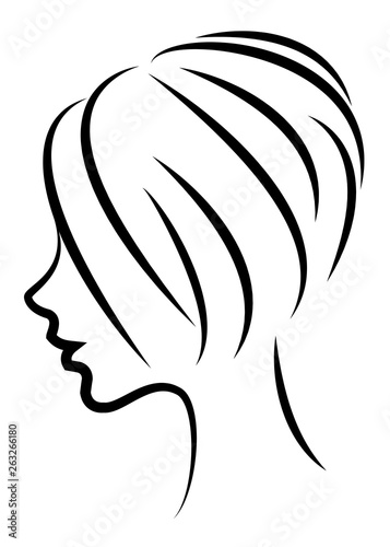 Silhouette of the head of a cute lady. The girl shows the hair bob care with short and medium hair. Suitable for logo, advertising. Vector illustration.