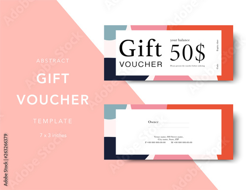 Abstract gift voucher card template. Modern discount coupon for shopping with abstract pattern. Modern fashion background design with information sample text. Coupon template for gift and shopping