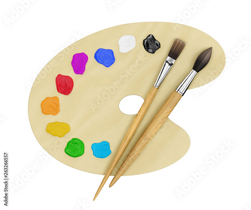 Art Painting Supplies. Set of artist's creative tools (a palette with paint drops and paintbrushes) isolated on white background. 3D rendering graphics.