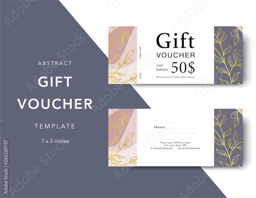 Abstract gift voucher card template. Modern discount coupon for shopping with abstract pattern. Modern fashion background design with information sample text. Coupon template for gift and shopping