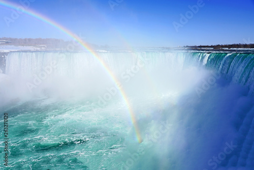 Rainbow over the Horseshoe Falls over frozen ice and snow on the Niagara River in Niagara Falls in March 2019