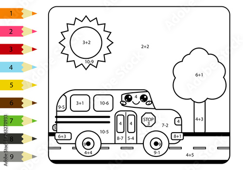 Mathematical coloring page for kids. Kawaii happy school bus. Worksheet with addition and subtraction.