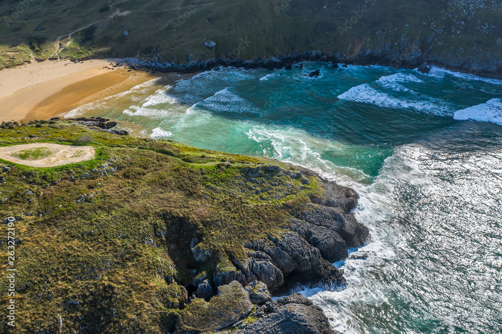 Sonabia beach in Cantabrian sea, Spain - drone aerial