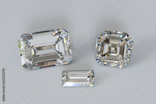 Emerald, asscher, baguette cut diamonds on white background