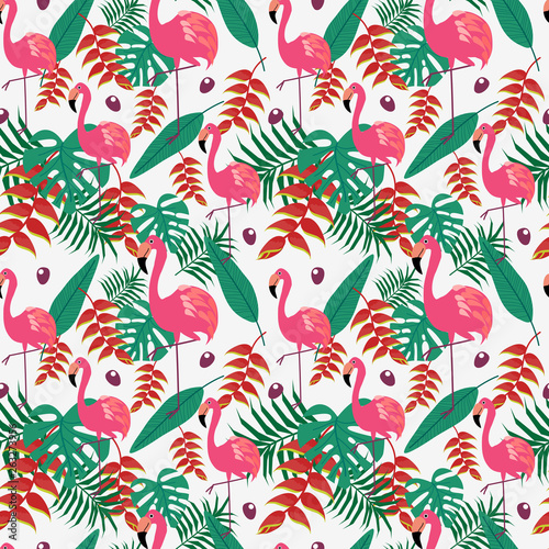Cute flamingo and tropical flowers and leaves seamless pattern.