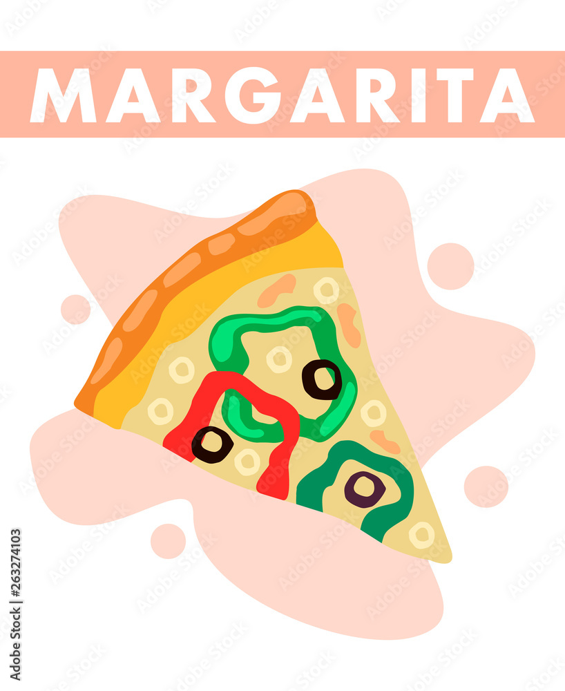 Fototapeta premium Margarita Pizza Slice Closeup Flat Illustration