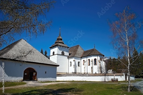 Attractive exposition of the Virgin Mary church from Liptovska Mara - Museum of Liptov village - open-air museum Pribylina.