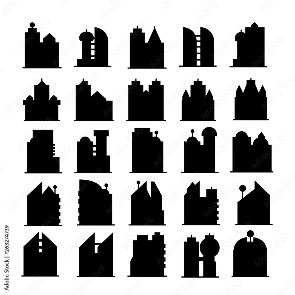 silhouette building tower icons, skyscraper set on white background