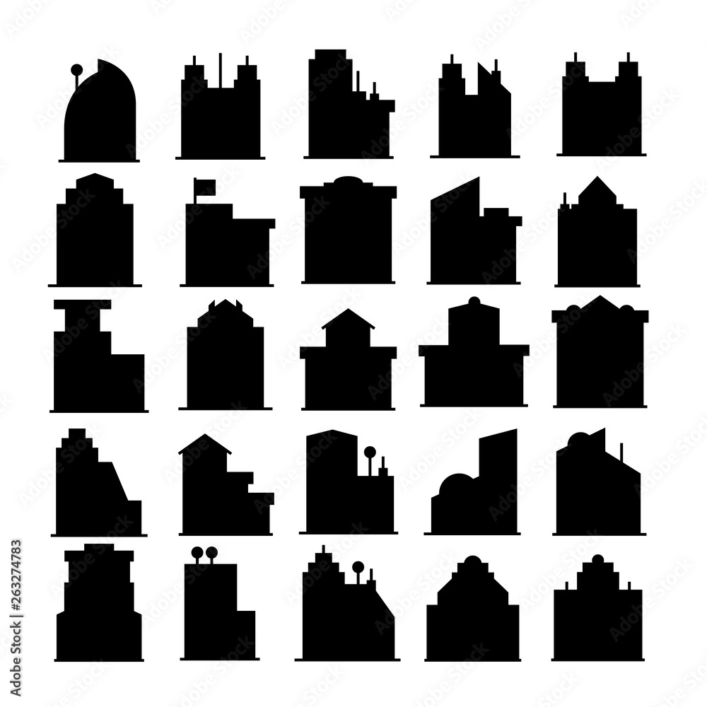 silhouette building tower icons, skyscraper set on white background