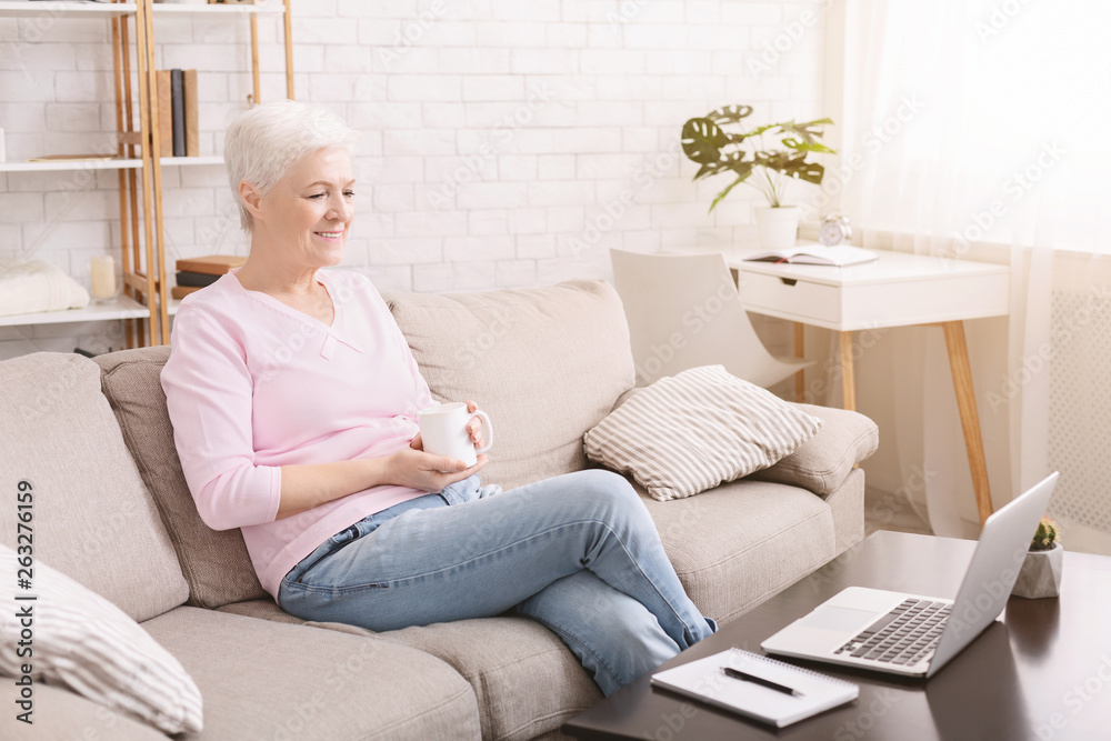 Cheerful senior woman enjoying video on laptop Cheerful senior woman enjoying video on laptop