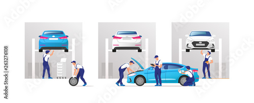 Auto service and repair. Cars in maintenance workshop with mechanics team. Vector illustration.