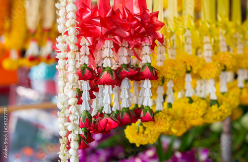 marigold garland in temple at Thailand