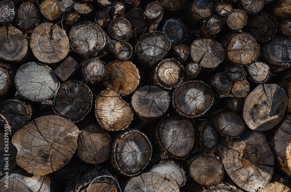 Background of stacked logs,logs.Ecological method of heating.