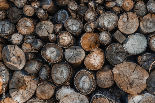 Background of stacked logs logs.Ecological method of heating.