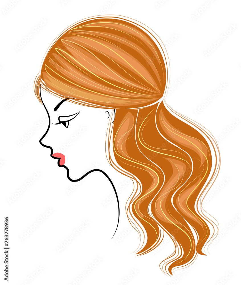Silhouette of the head of a sweet lady. The girl shows a female hairstyle bundle on medium and long hair. Suitable for advertising, logo. Vector illustration.