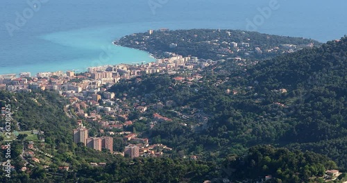 Beautiful Aerial View Of The City Of Roquebrune-Cap-Martin And Cap Martin, Buildings, Houses, Trees And Hills On The Mediterranean Sea, French Riviera, France Europe - DCi 4K Resolution