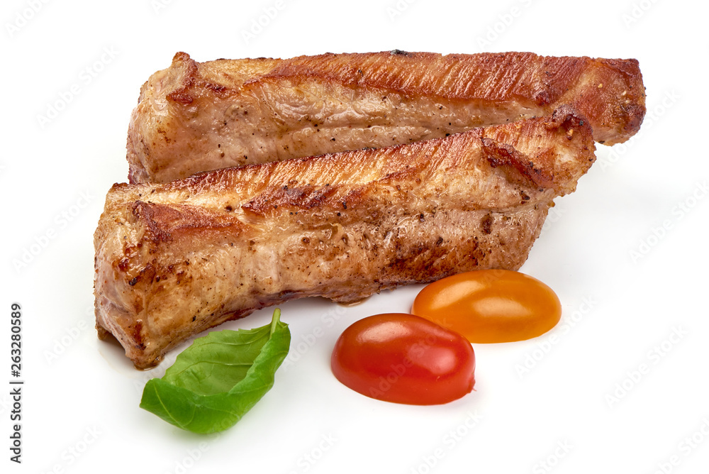 Grilled pork ribs, fried meat, close-up, isolated on white background