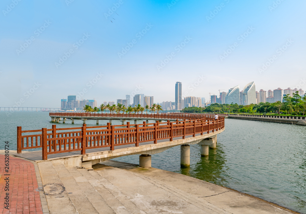 Bridges and buildings in Golden Bay, Zhanjiang city
