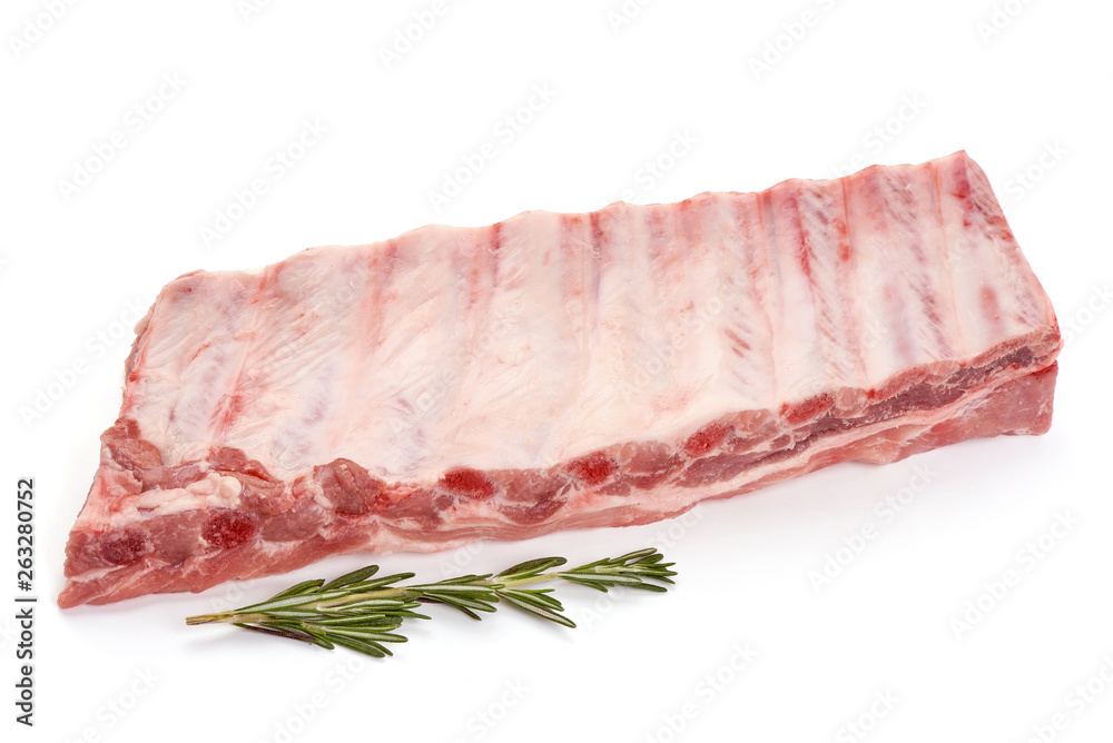 Pork Ribs with rosemary, raw meat, close-up, isolated on white background