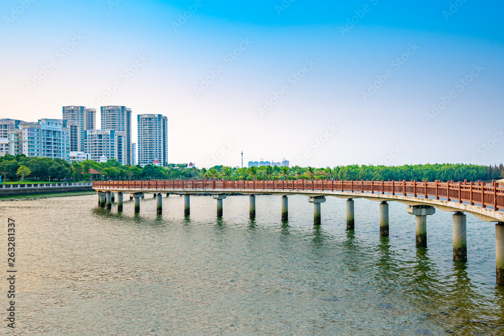 Bridges and buildings in Golden Bay, Zhanjiang city