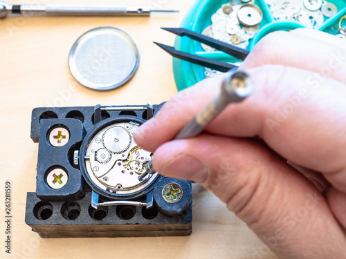 watchmaker disassembles watch by screwdriver