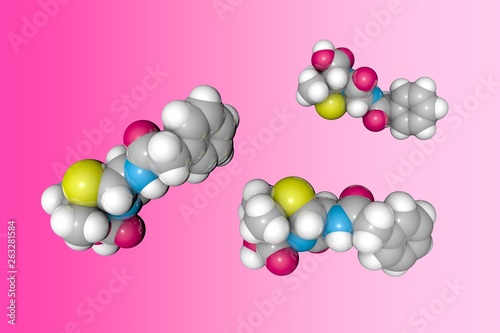 Fototapeta Naklejka Na Ścianę i Meble -  Molecular model of penicillin. Atoms are represented as spheres with conventional color coding: sulfur (yellow), carbon (grey), oxygen (red), nitrogen (blue), hydrogen (white). 3d illustration