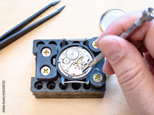 watchmaker fixes clockwork of mechanical watch
