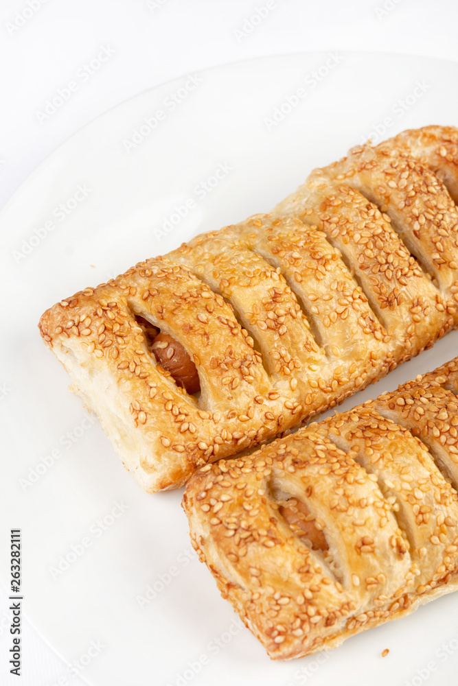 Puff Pastry With Hot Dog Isolated Above White Background
