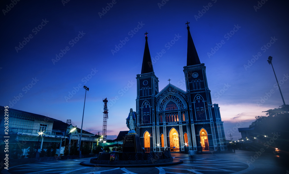 Old church in the morning with Maria statue a landmark in Chanthaburi, Thailand.