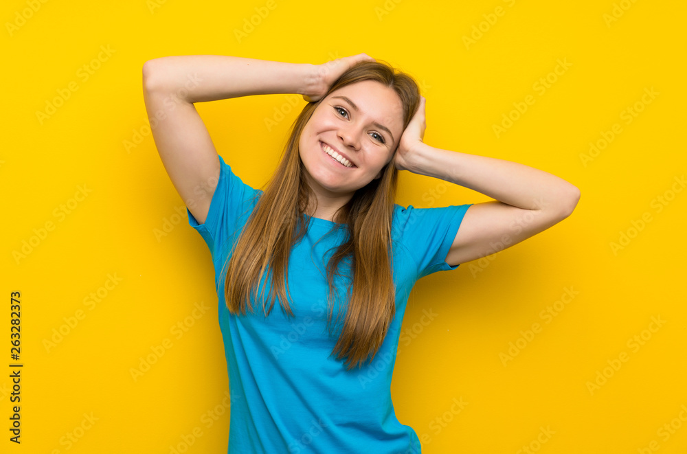 Young woman with blue shirt laughing Young woman with blue shirt laughing