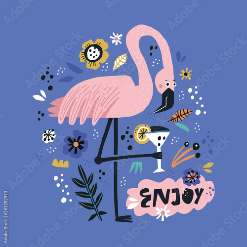 Pink flamingo flat hand drawn poster