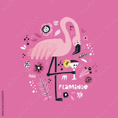 Pink flamingo vector hand drawn poster