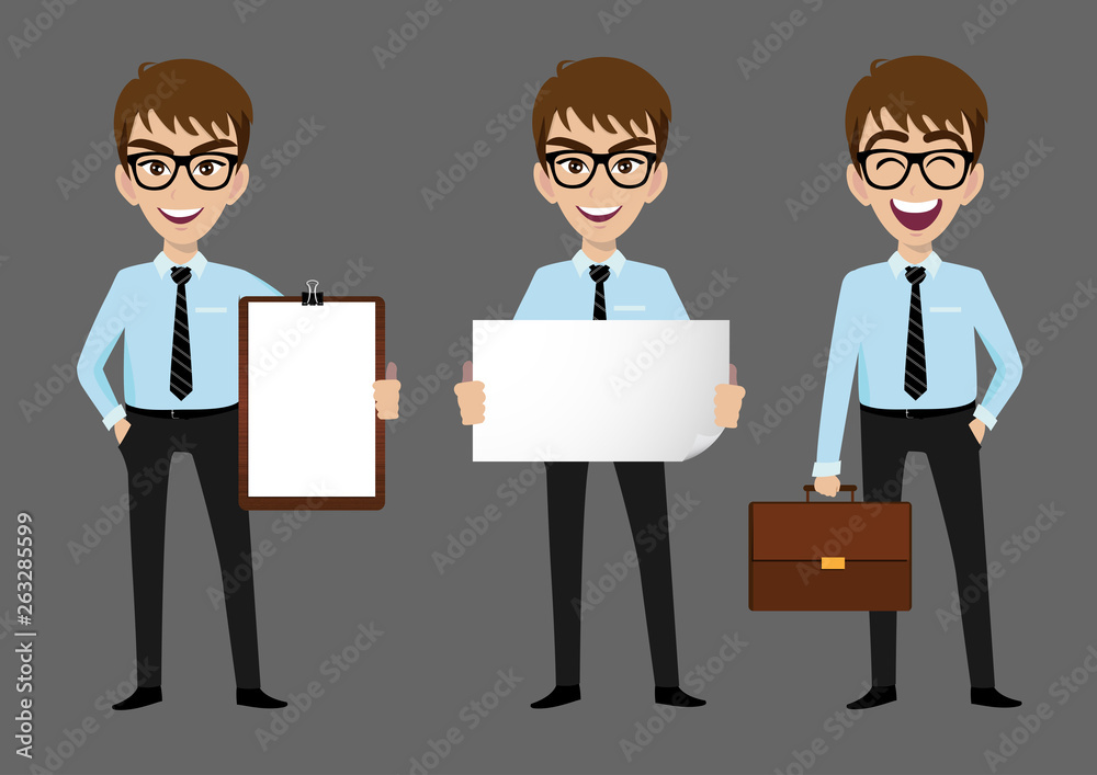 Businessman cartoon character, set of three poses. Handsome business man in office style clothes holding paper clip board, big paper and holding bag. Vector illustration Businessman cartoon character, set of three poses. Handsome business man in office style clothes holding paper clip board, big paper and holding bag. Vector illustration