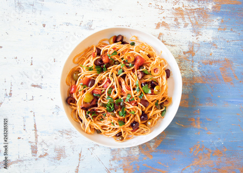 Traditional Itallian pasta spaghetti alla puttanesca.