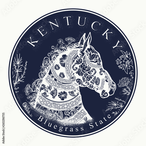 Kentucky. Tattoo and t-shirt design. Welcome to Kentucky, (USA). Bluegrass state slogan. Travel art concept