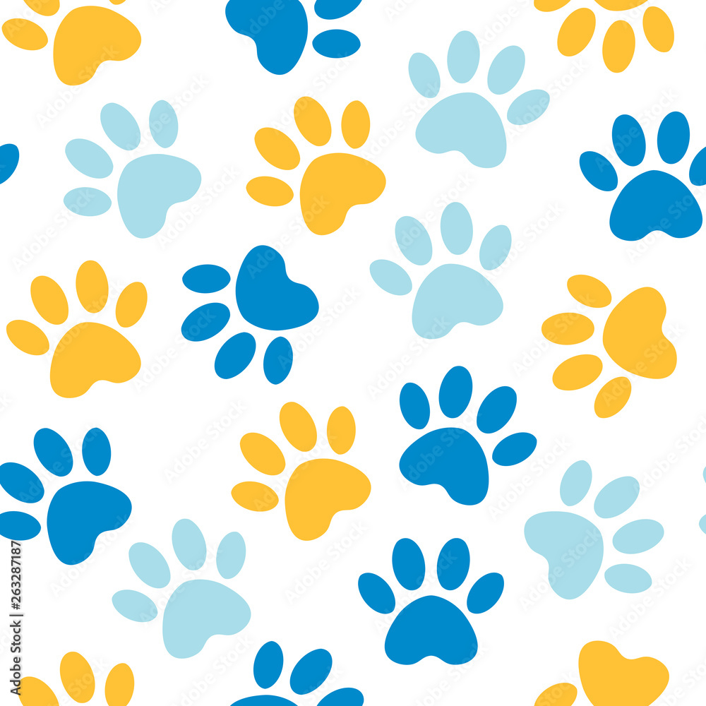 Fototapeta premium Paw print seamless. Vector illustration animal paw track pattern. backdrop with silhouettes of cat or dog footprint.