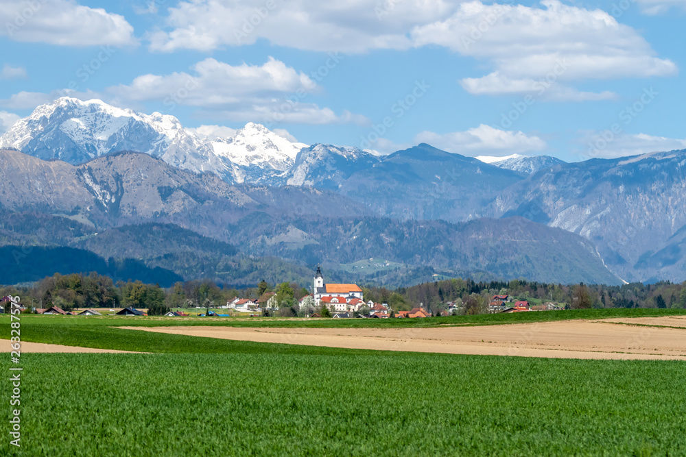 beautiful Alps over green field and village landscape