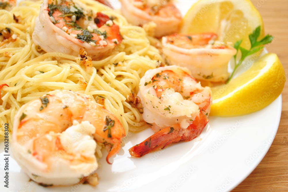 Close Up of Jumbo Tiger Shrimp Scampi & Pasta Close Up of Jumbo Tiger Shrimp Scampi & Pasta